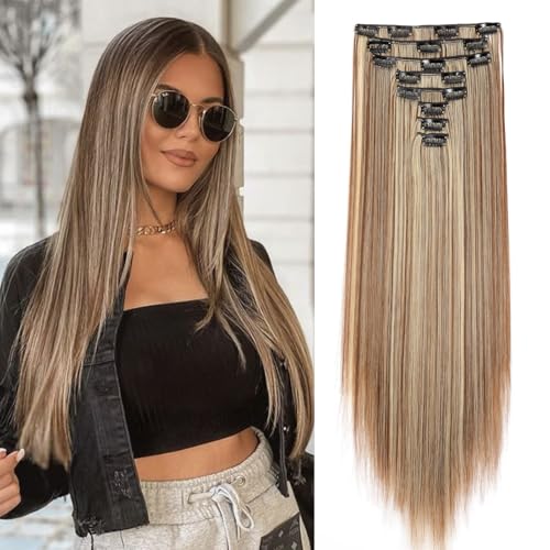 Extensions Clip in Extensions Echthaar 8 Teile 60cm Haarverlängerung Haarteil Glatt Synthetische Haare Natürlich Lang, Goldbraun & Gebleichtes Blond Extensions Clip in Extensions Echthaar 8 Teile 60cm Haarverlängerung Haarteil Glatt Synthetische Haare Natürlich Lang, Goldbraun & Gebleichtes Blond