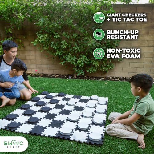 Image of Swooc Games - 2-in-1 Premium Giant Checkers & Tic Tac Toe Game (4ft x 4ft) - 100% High Density EVA Foam Mat & Pieces - Extra Large Checkers Set with Jumbo Checkerboard and Yard Size Tic Tac Toss