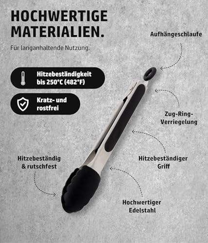 HENSSLERS® Grillzange Silikon [EDELSTAHL] - Küchenzange mit rutschfestem Griff - Hitzebeständige Silikonzange - Grill Zange Küche - Kochzange geeignet als Fleischzange (Klein)
