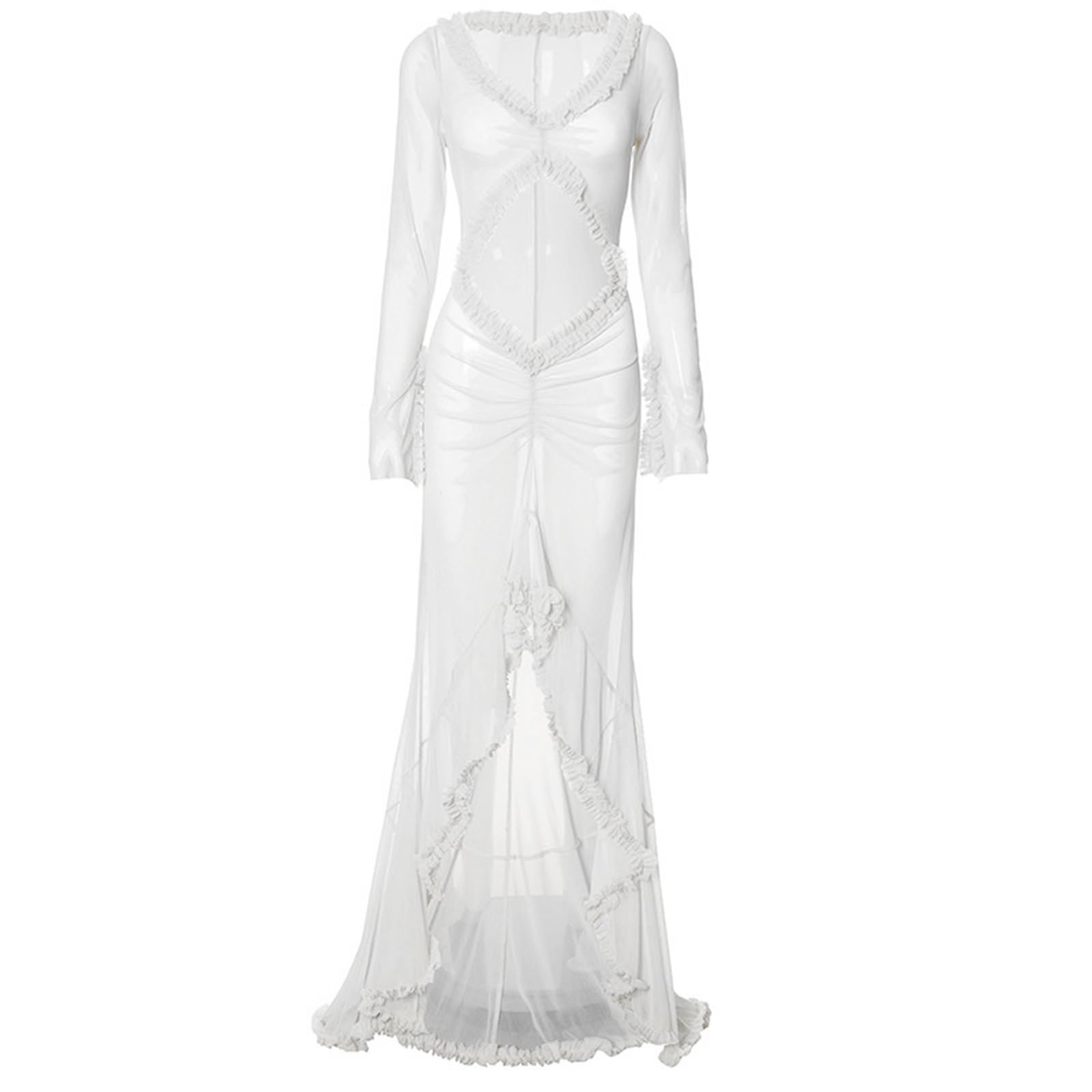 knee length dresses for ladies It Takes Time Long Sleeve Mesh Maxi Dress White