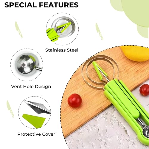 Image of Kraptick Melon Baller Scoop Set, Watermelon Cutter and Slicer, Fruit Carving Tools Set, Fruits Slicer Set, Watermelon Knife Slicer, Fruit Cutting Tools-3 Pc Sets Stainless Steel (Green)