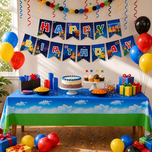 Image of Blue Orchards Block Game Tablecover (Pack of 3) 108 inch x 54 inch - Ultimate Virtual World Theme Party Decorations, Accent Tablecloth, Backdrop, Gift Wrap, Waterproof Plastic for Kids Video Game