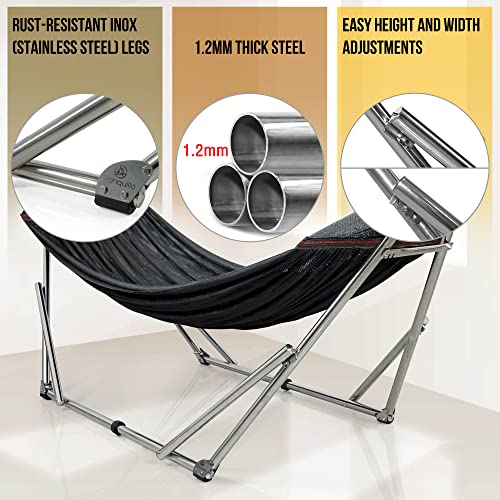 Tranquillo 550Lb Capacity Double Foldable Portable Hammock Bed W/Strong & Durable Space Saving Stainless Steel Stand For Indoor, Outdoor, Black #TOP3