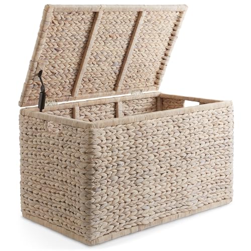 Image of Casafield 30 inch Storage Chest with Lid, Handles, and Safety Hinge - Whitewash White, Hyacinth Wicker Storage Trunk for Entry Way, Living Room, Bedroom