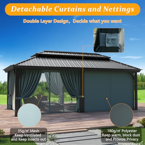 Image of HOTEEL 12x20 Gazebo with Metal Roof Heavy Duty Gazebo with Flame-Retardant Curtain and Netting, Hot Tub Gazebos with Galvanized Steel Double Roof, Outdoor Canopy for Patio and Party (Upgraded 3.0)