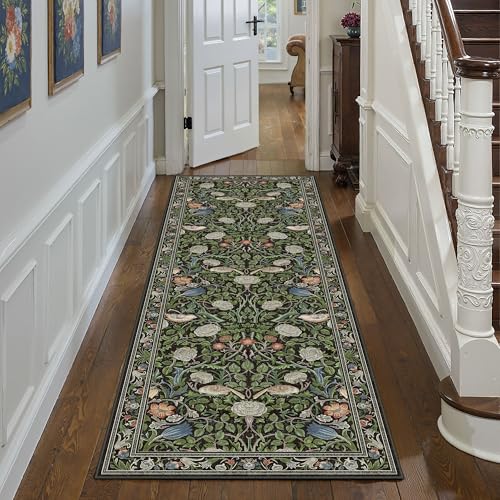 PureCozy Washable Runner Rug 2x6 for Hallway Green Vintage Long Carpet Soft Low Pile Non Slip Throw Rug Floral Distressed Accent Rug for Entryway Bathroom Office Laundry Dining Room