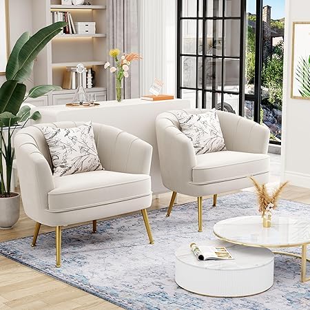Andeworld Velvet Accent Chair Set of 2, Upholstered Modern Single Sofa Side Chair,Comfy Barrel Club Living Room Armchair with Golden Metal Legs for Bedroom Living Reading Room Office, Beige