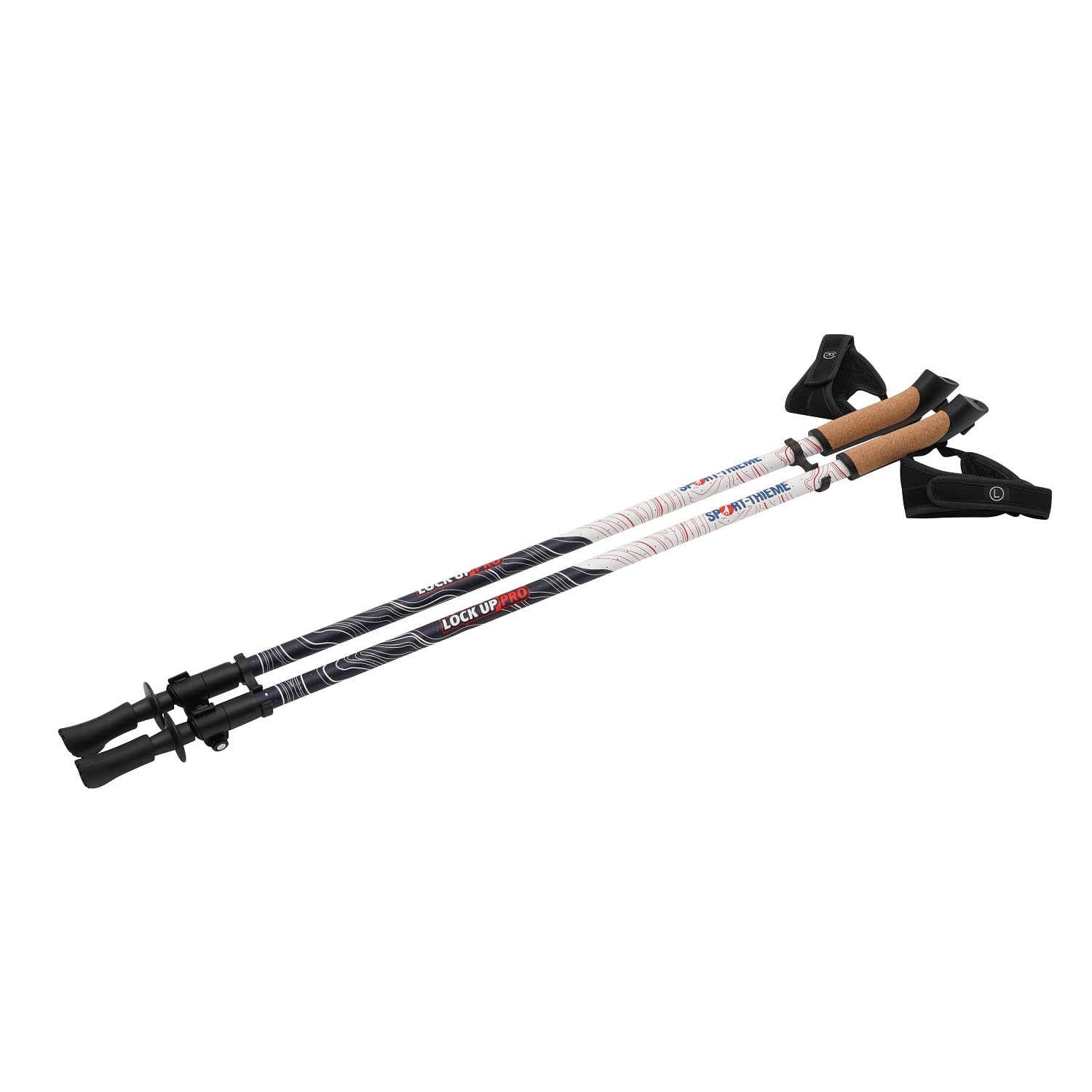 Sport-Thieme Nordic Walking Stöcke Lock Up Pro | Carbon | Verstellbare Stocklänge 100-135 cm | Korkgriff | Herausnehmbare Handschlaufe | Für Fitnesssportler | Weiß-Blau