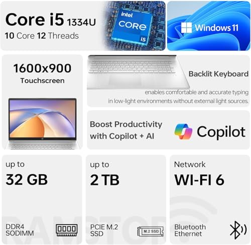 Image of HP 17.3 Inch Touchscreen Laptop for Business | Backlit Keyboard, Fingerprint Reader | Intel 10-Core 13th Gen i5 CPU(Beats 12th i7-1255U) | 32GB RAM, 1TB SSD | WiFi 6, Bluetooth 5.3