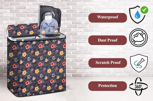 Image of The Furnishing Tree Semi-Automatic Top Load Washing Machine Cover | Waterproof & Dustproof | Easy to Clean | Inlet & Outlet Pipe Provision | Durable & Washable, Floral Grey Polyester (46x76x86.5 CM)