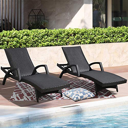 Patio Tree Patio Chaise Lounge Chair Outdoor Adjustable Backrest PE Rattan Reclining Chairs with Wheels and Armrests, Set of 2
