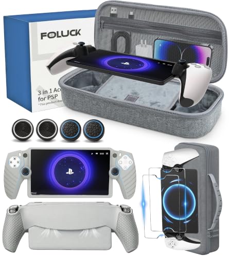 Foluck 3 in 1 Accessoris Set for Playstation Portal Remote Player, EVA Carrying Case for PS5 Portal with Soft Silicone Skin Case, 2 Pack Screen Protectors, Ps Portal Accessories, Grey, Christmas Gift