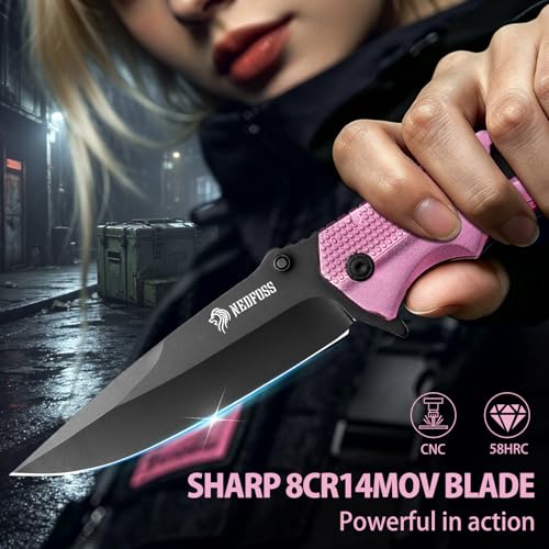 Image of NedFoss FA48 Pink Pocket Knife for Women, 5-in-1 Tactical Knife with Clip | Lightweight Aluminum Handle, Glass Breaker, Seatbelt Cutter, Bottle Opener, Pink Knife for Car Emergency Camping EDC Utility