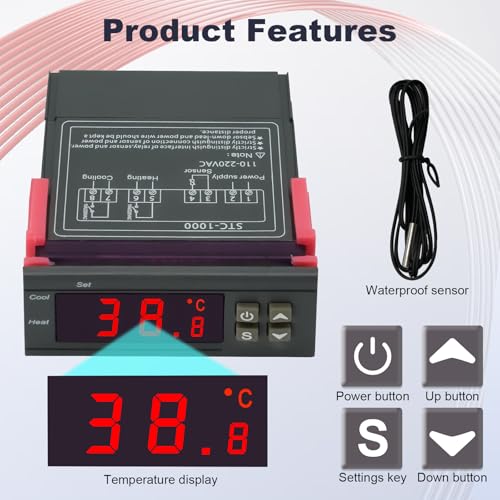 Digitaler Temperaturregler 110–220 V, Digitale Thermostat mit 1m Wasserdichter Sensor Sonde, Doppel Relais Temperaturwächter für Heizen Kühlen Aquarium Inkubator Terrarium
