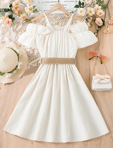 Happy Cherry Girls Ruffle Trim Off Shoulder Dress with Belt Spaghetti Strap Sundress Summer Sleeveless Midi Dresses 8-122