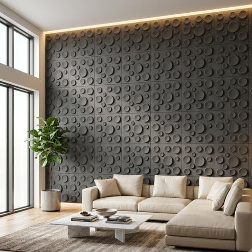 Image of Kayra Decor 3D PVC Wall Panels for Bedroom & Living Room | Moon Design | Nexa Gray Color | 19.7 x 19.7 Inch | Pack of 40 | 107.6 Sq Ft
