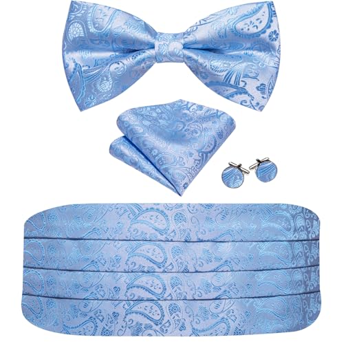 Image of YOHOWA Men Cummerbund Bow Tie Set Silk Paisley Formal Pre-Tied Bowtie Pocket Square Cufflinks Wedding Party Prom