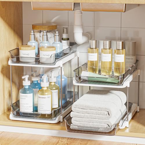 Delamu 2 Sets of 2-Tier Multi-Purpose Bathroom Under Sink Organizers and Storage, Stackable Kitchen Pantry Organization, Pull Out Medicine Cabinet Organizer with 8 Movable Dividers, Grey