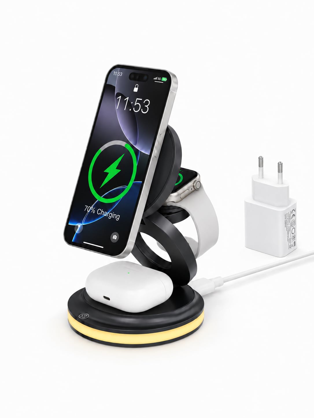 ZealSound 3-en-1 Magnétique Chargeur Induction, 15W Pliable Chargeur Sans Fil à Charge Rapide, Wireless Charger pour iPhone 17 16 15 14 13 12 Pro/Max/Plus, AirPods Pro 2/3/4, Apple Watch 2-9 /Ultra/SE
