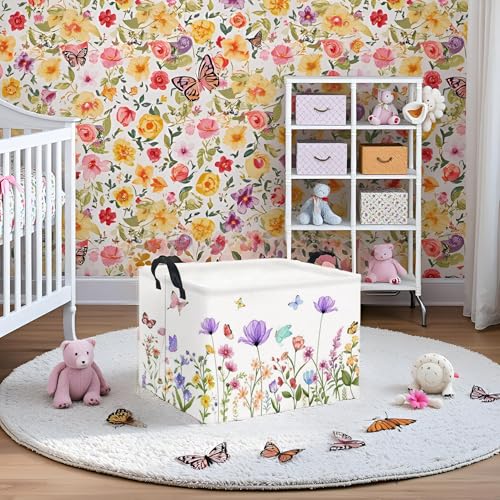 Image of Rectangular Baby Girl Basket Kids Baby Storage Basket Toy Storage Bin Organizer Box Room Decor(Purple Flower)