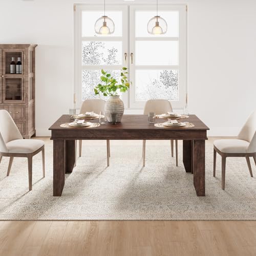 Image of GarveeHome Farmhouse Dining Table for 4-6 People, 63 in Long Kitchen Tables with Wooden Sturdy Frame, 5 ft Large Rectangular Dinner Table for Dining Room, Kitchen, Dark Walnut, 63 inch Non-extendable