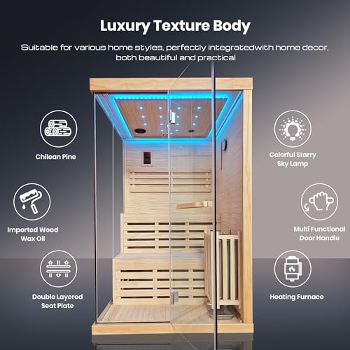 Image of OUTEXER 2-3 Person Steam Sauna Traditional Saunas Home Spa Room Wet Indoor Saunas 7 Color LED Lights with 240V 3KW Heater, Sauna Stone, Wooden Bucket, Spoon, Thermometer, Hourglass, Cup Holder
