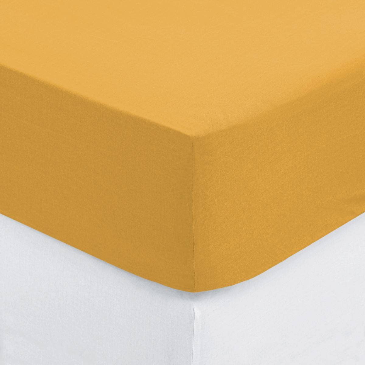 Atmosphera - Drap-​Housse en Coton - Jaune Moutarde - Bonnet H30cm - 90x190 cm