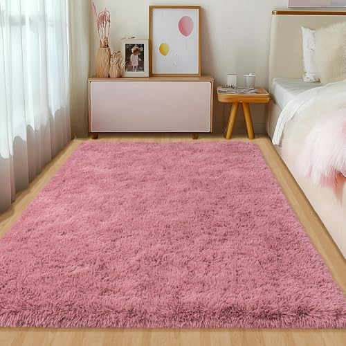 Fluffy Rug for Bedroom, 4x6 Blush Pink Shag Area Rug for Living Room, Soft Modern Indoor Fuzzy Plush Rug, Non-Slip Shaggy Carpet for Girls Kids Room Nursery Dorm Home Decor