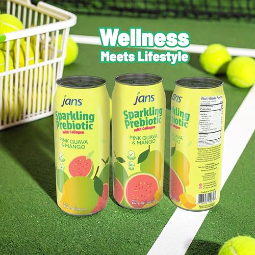 Image of Jans Sparkling Prebiotic with Collagen Soda Beverage - Pink Guava & Mango 8.4 Fl Oz (6-Pack) - Low Calorie, NO Added Sugar, Non-GMO Sparkling Fruit Beverage, Gut Health Support