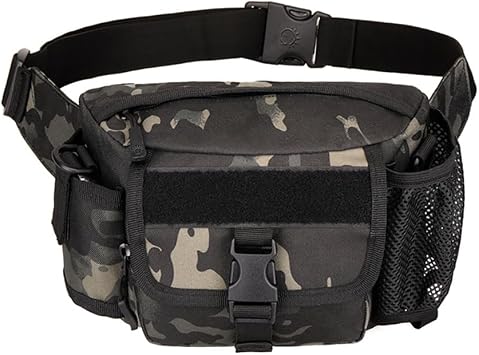 Tactical Waist Pack Single Shoulder Fanny Bag Water Resistant Waist Pouch with Water Bottle Holder for Hiking Climbing, Dark Camouflage
