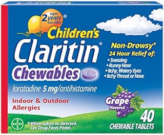 Claritin 24 Hour Allergy Chewables for Kids, Non Drowsy Allergy Relief, 40 Grape Antihistamine Tablets