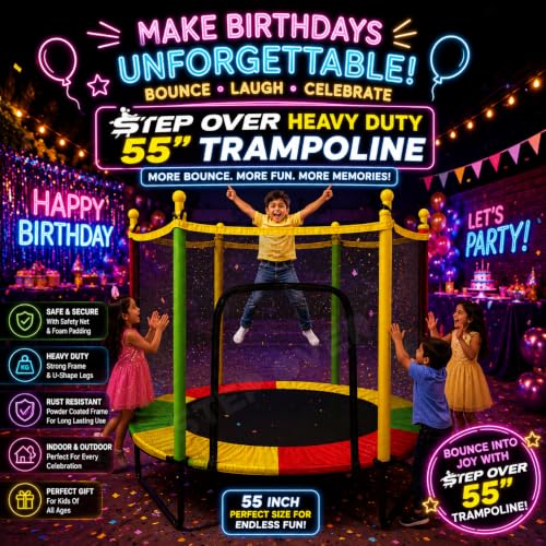 Image of Step Over 55 inch Trampoline with Safety Net for Kids & Adults || Indoor & Outdoor || 120 kgs Powerful Loading Capacity || Anti Rust Stainless Steel Frame & Legs ||Best Gift for Kids||2026 Edition