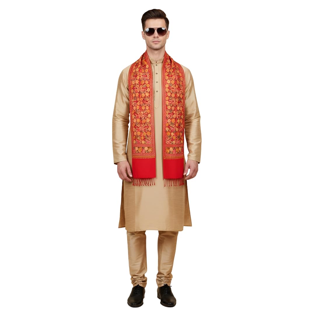 muffly Men’s Premium Wool Blend Embroidered Stole with Refined Tasselled Detailing -White-picture-29