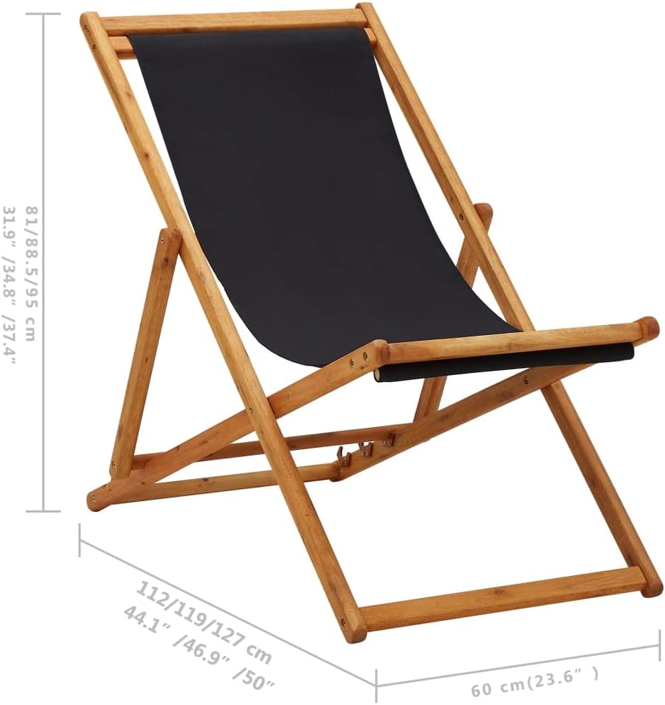 Folding Beach Chair,Beach Lounge Chair Outdoor,Reclining,Outdoor Patio Furniture,Modern Style Chair, Balcony Furniture,Easy Portability and Storage,with a Pillow, Eucalyptus Wood and Fabric Black