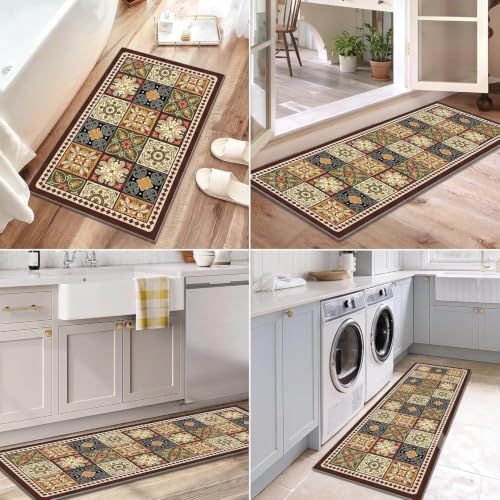 Image of Kitchen Runner Mat Set of 2, PVC Vintage Tile Design