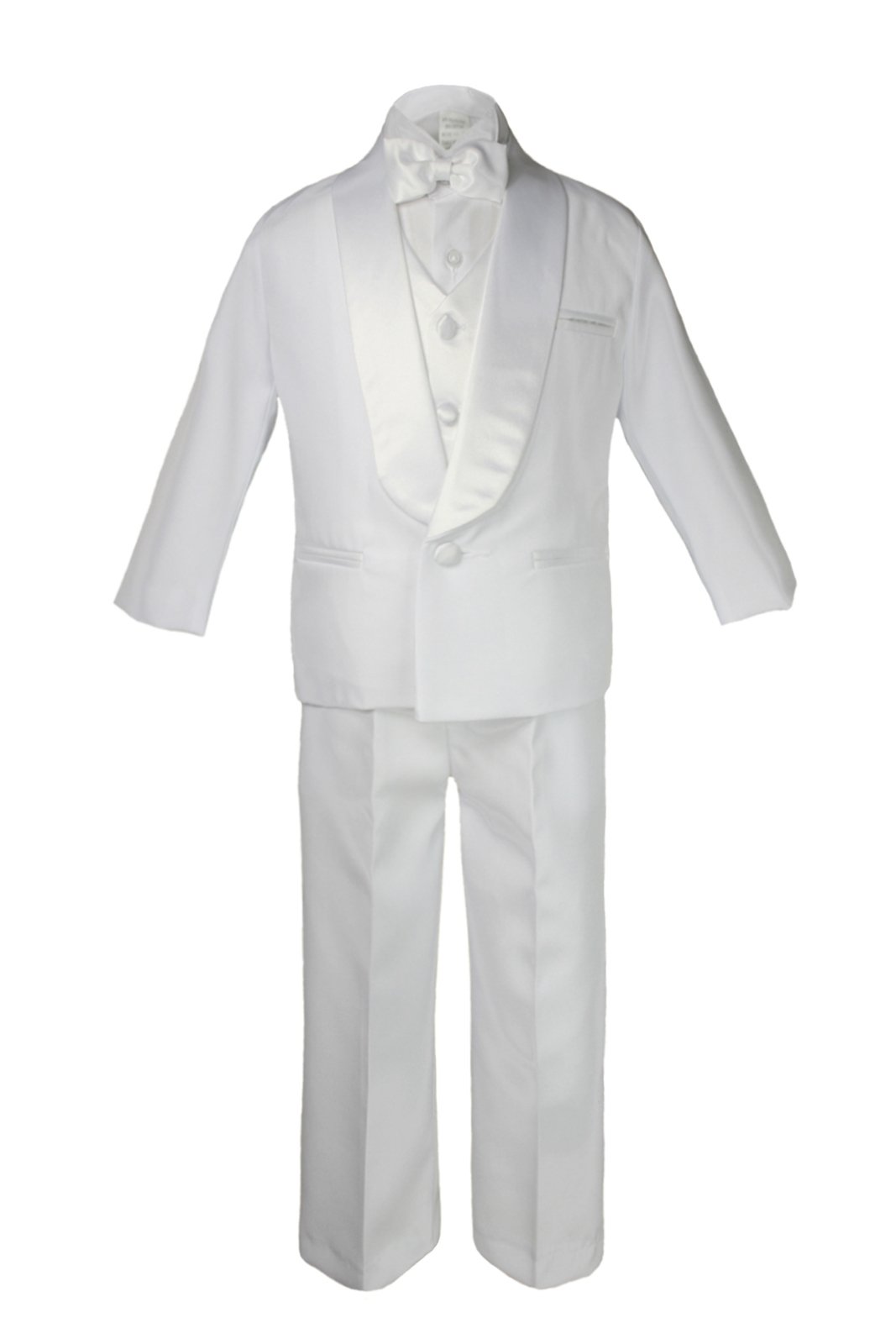 5-7pc Boy White Satin Shawl Lapel Suits Tuxedo Silver Satin Bow tie Sm-7