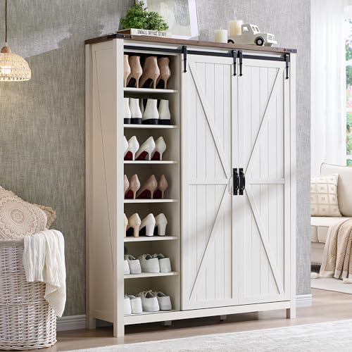 OKD Shoe Storage Cabinet with 2 Sliding Door, 7-Tier 62' Tall Farmhouse Entryway Shoe Organizer...