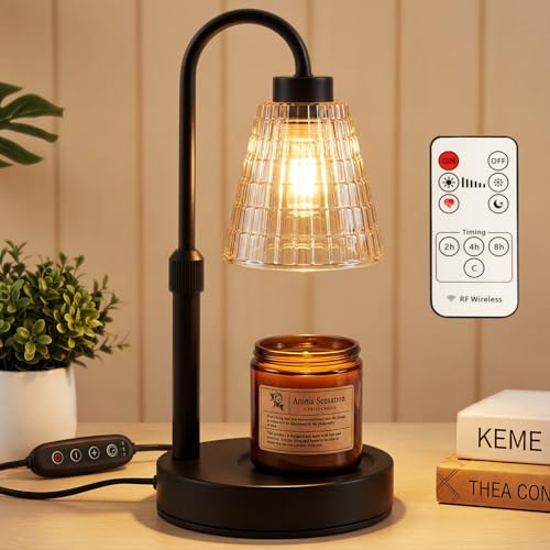 Mileonaim Candle Warmer Lamp with Remote Control Timer Dimmer - Wax Melt Warmer with 2 Bulbs, Adjustable Height, Birthday Gifts for Mom Women, House Warming Gifts New Home Decor (Round)