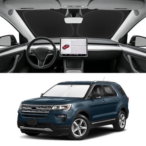 Image of Custom Fit Windshield Sun Shade for Ford Explorer 2011-2019 | Blocks UV Rays and Sun Heat, Helps Reduce Interior Temperature, Protects Dashboard from Fading, Folds Easily for Storage
