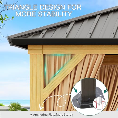 10x12ft Double Roof Hardtop Gazebo, Heavy Duty Galvanised Steel Hardtop Pavilion with Netting and Curtains, Faux Wood Grain Metal Gazebo for Patio, Terrace, Lawn and Deck, Wood Grain