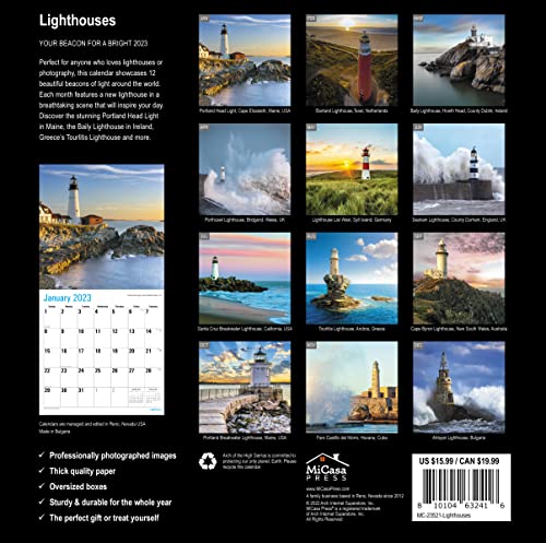 Micasa Lighthouses 2023 Hangable Monthly Wall Calendar | 12" X 24" Open | Thick & Sturdy Paper | Giftable | Your Beacon For A Bright Future #TOP2
