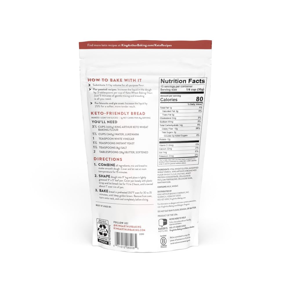 King Arthur, Keto Wheat Flour Blend, Keto Friendly, 1-to-1 Substitute for All- Purpose Flour, 16 Ounces (Pack of 4)
