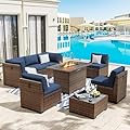 Amopatio 8 Pieces Patio Furniture Set with 44" Fire Pit Table, Outdoor Sectional Furniture Rattan Conversation Sofa, Patio Couch with Glass Coffee Table, 2 Waterproof Covers (Navy Blue)