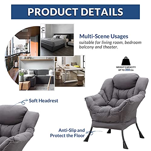 Socialcomfy Modern Velvet Fabric Lazy Chair - Comfy Upholstered Single Reclining Armchair - Soft Accent Contemporary Lounge Chair With Armrests, Side Pocket For Living Room, Bedroom, Office (Grey) #TOP2