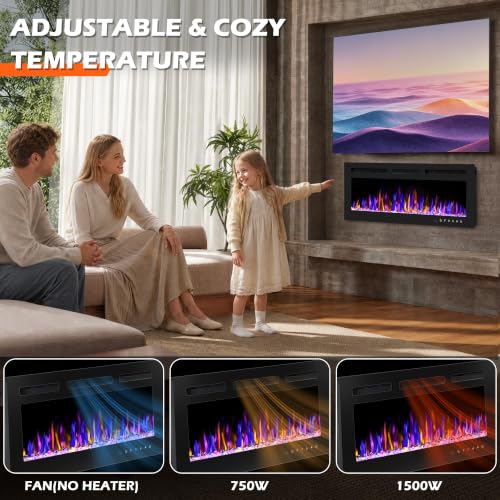 Image of 50 inch Electric Fireplace Wall Mounted and Recessed 750 /1500w W /Remote Control