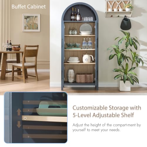 Image of 71 inch Tall Arched Display Cabinet, 5-Tier Bookshelf Modern Farmhouse Arched Bookcase with Glass Doors and Shelves, Wooden Pantry Storage Cabinet for Living Room, Office and Kitchen, Blue