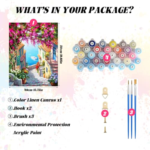 Image of HASTHIP Paint by Numbers Art Kit Mediterranean Dreamscape Acrylic Oil | Painting Kit Canvas Oil Painting Art Wall Decor Home Gift DIY Oil Paint Craft Kit with Tools, Pigments, No Frame, 16x20