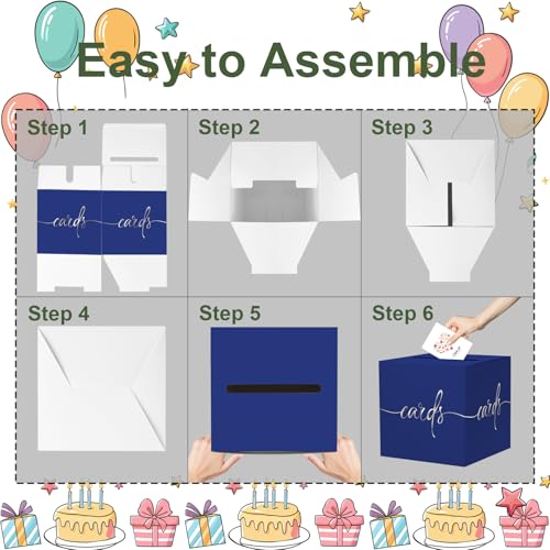 Image of Dark Blue Card Box with Silver Foil Design, Paperboard 8.7 inch Card Box for Birthday Wedding Party Graduation Retirement Anniversary Valentine's Day & Baby Showers, Raffle or Money Box