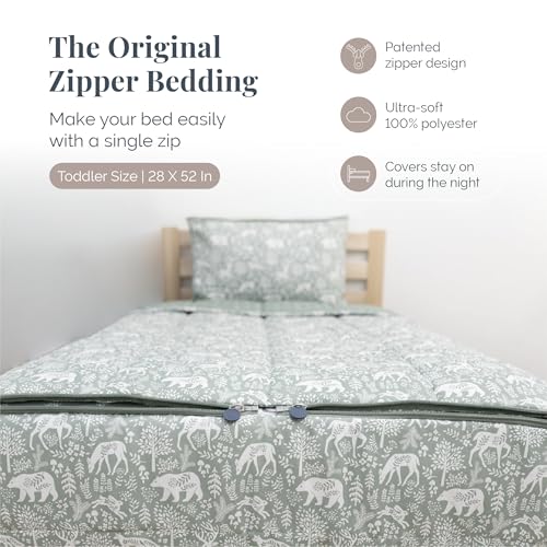 Image of Beddy's Fantasy Woodland Durable Zipper Bedding for Kids - Bed in a Bag - Sage Green Sheets with Woods, Nature, Animals Comforter - lIncludes Pillowcase & Sham - Toddler