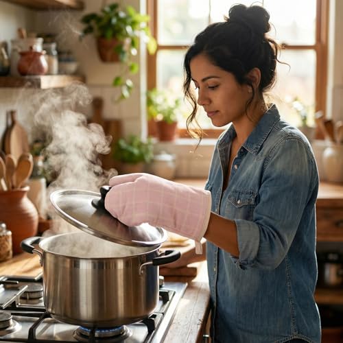6-Piece Oven Mitts Set, Heat Resistant Gloves with Potholder for Baking Cooking, Pink Kitchen Gloves - Image 3